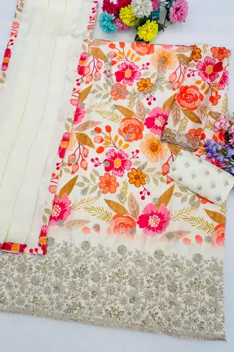 Off white floral print chinon kurta palazzo set with dupatta
