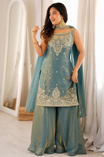 Embroidered Fendy Silk Straight Kurta Sharara and Dupatta Set