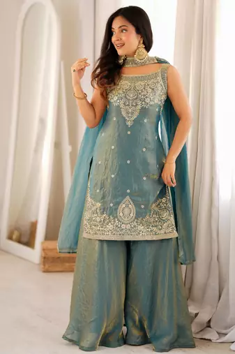 Embroidered Fendy Silk Straight Kurta Sharara and Dupatta Set