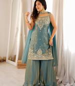 Embroidered Fendy Silk Straight Kurta Sharara and Dupatta Set
