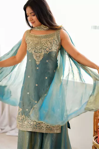 Embroidered Fendy Silk Straight Kurta Sharara and Dupatta Set