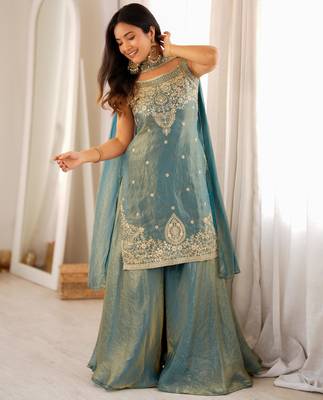 Embroidered Fendy Silk Straight Kurta Sharara and Dupatta Set 3