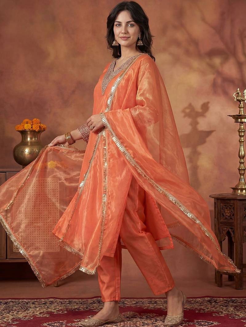 Women Ethnic Motifs Embroidered Regular Sequinned Kurta with Trousers & With Dupatta