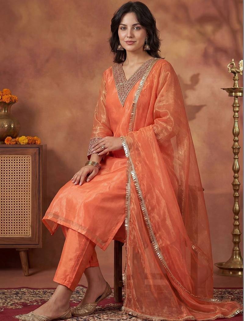 Women Ethnic Motifs Embroidered Regular Sequinned Kurta with Trousers & With Dupatta