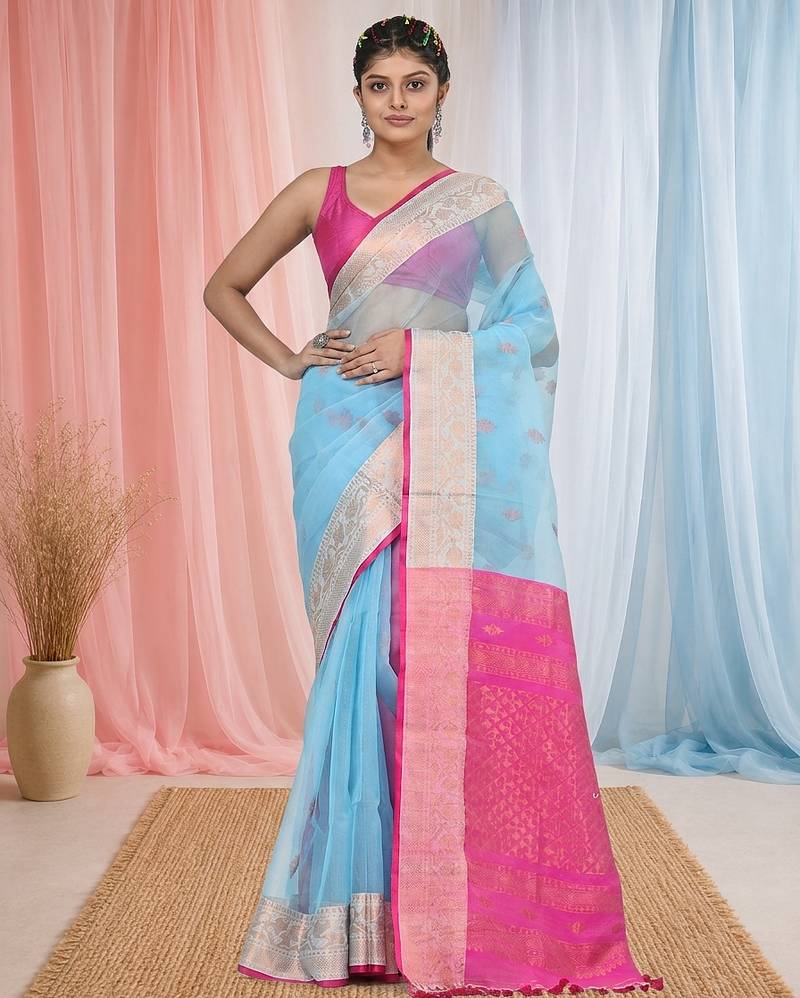 elegant sky blue and pink resham saree with zari border