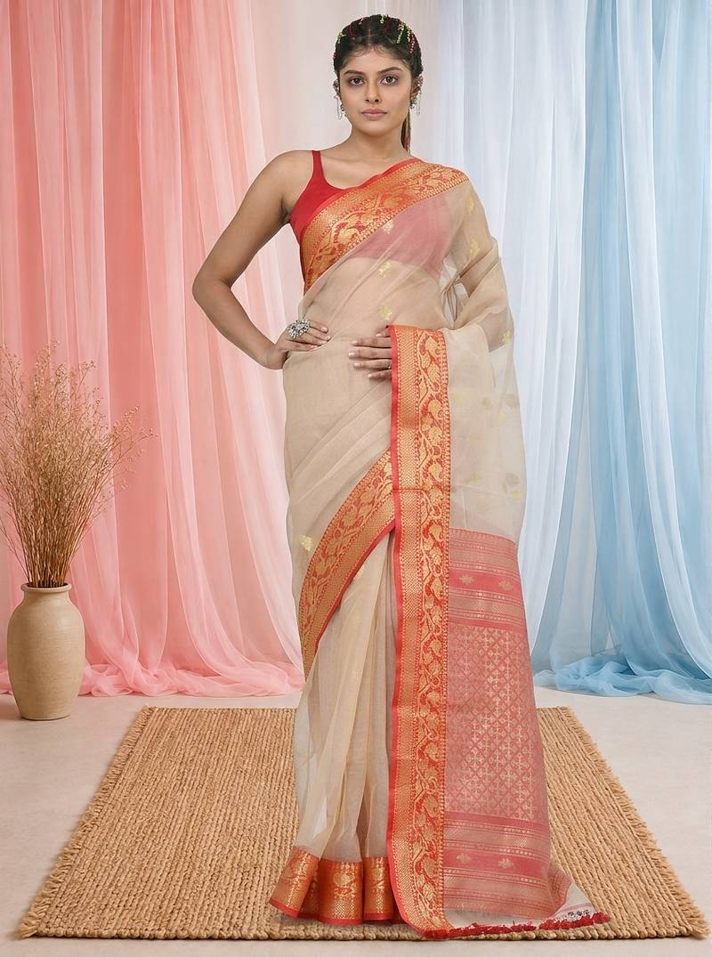elegant beige and red resham saree with zari border