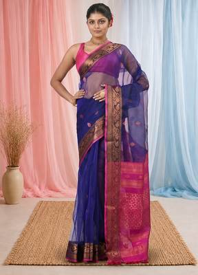 elegant blue and fuchsia resham saree with zari border 5