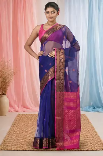 elegant blue and fuchsia resham saree with zari border