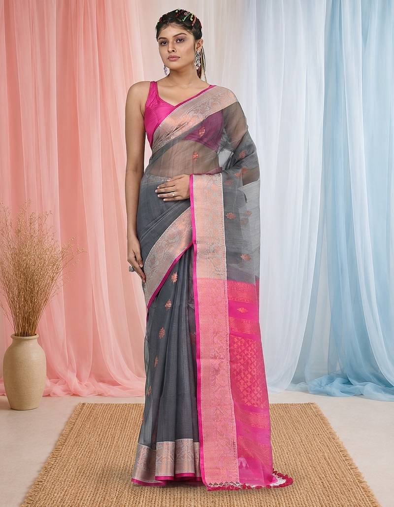 elegant grey and pink resham saree with zari border