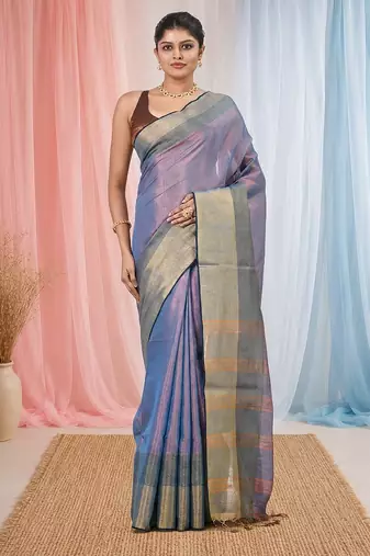 Elegant blue tissue saree with contrasting golden border