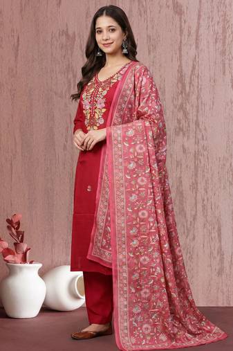 Women's Beautiful Embroidery Work Mul Chanderi Fabric Straight Kurta Pant and Dupatta Set