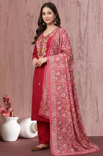 Women's Beautiful Embroidery Work Mul Chanderi Fabric Straight Kurta Pant and Dupatta Set