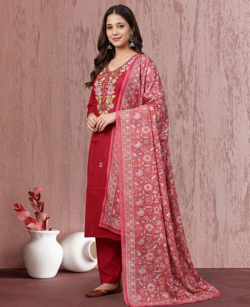 Women's Beautiful Embroidery Work Mul Chanderi Fabric Straight Kurta Pant and Dupatta Set