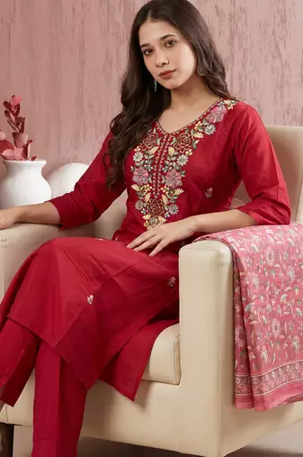 Women's Beautiful Embroidery Work Mul Chanderi Fabric Straight Kurta Pant and Dupatta Set