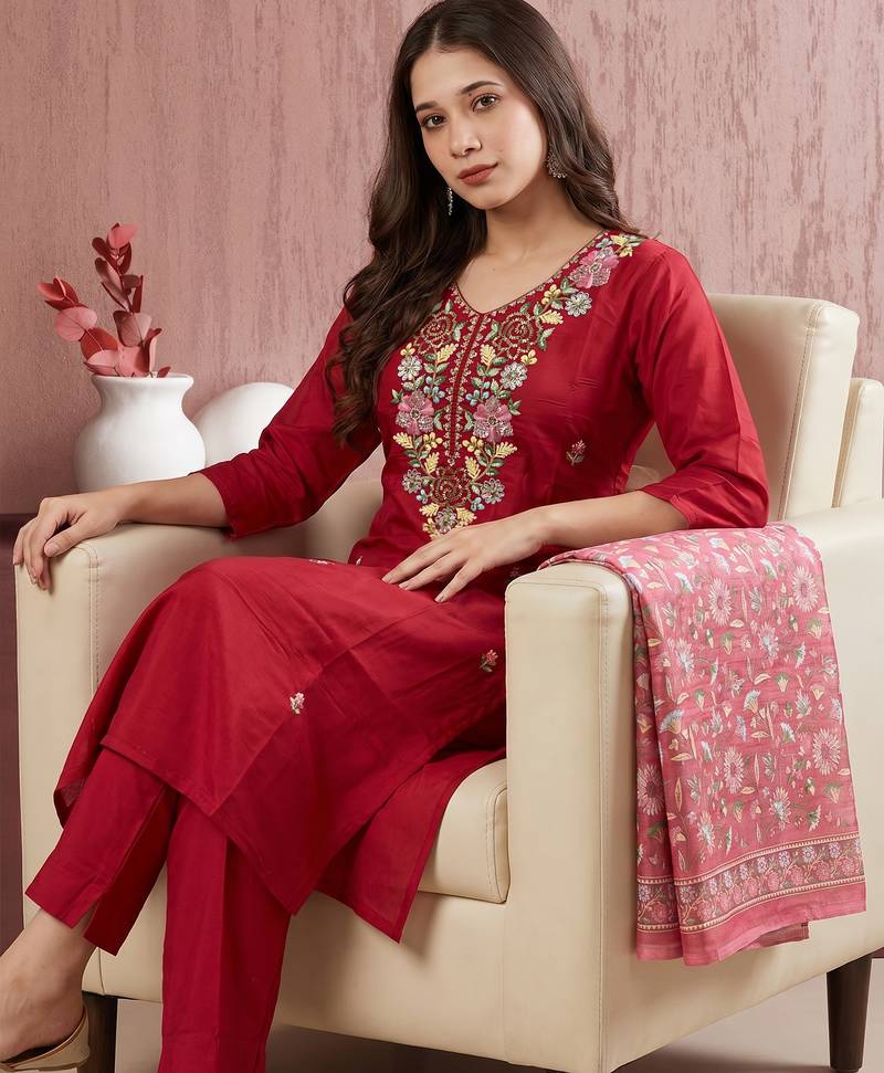 Women's Beautiful Embroidery Work Mul Chanderi Fabric Straight Kurta Pant and Dupatta Set