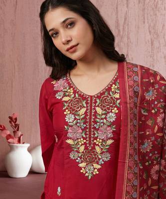 Women's Beautiful Embroidery Work Mul Chanderi Fabric Straight Kurta Pant and Dupatta Set 5