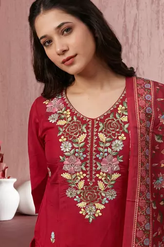 Women's Beautiful Embroidery Work Mul Chanderi Fabric Straight Kurta Pant and Dupatta Set