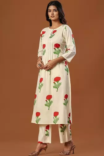 Women Floral Printed Regular Pure Cotton Kurta with Trousers