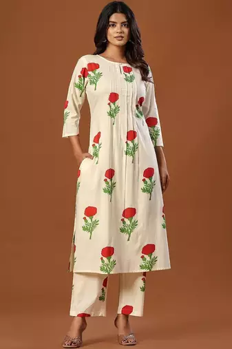 Women Floral Printed Regular Pure Cotton Kurta with Trousers