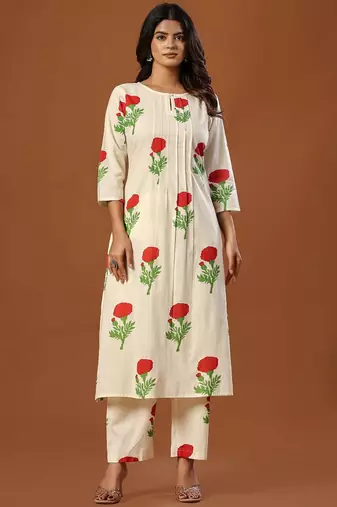 Women Floral Printed Regular Pure Cotton Kurta with Trousers
