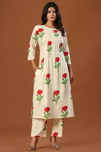 Women Floral Printed Regular Pure Cotton Kurta with Trousers