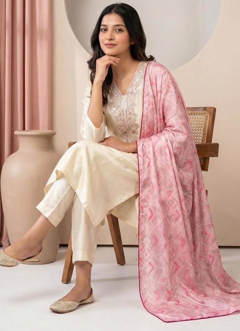 Embroidered Silk Straight Kurta Pant and Dupatta Set