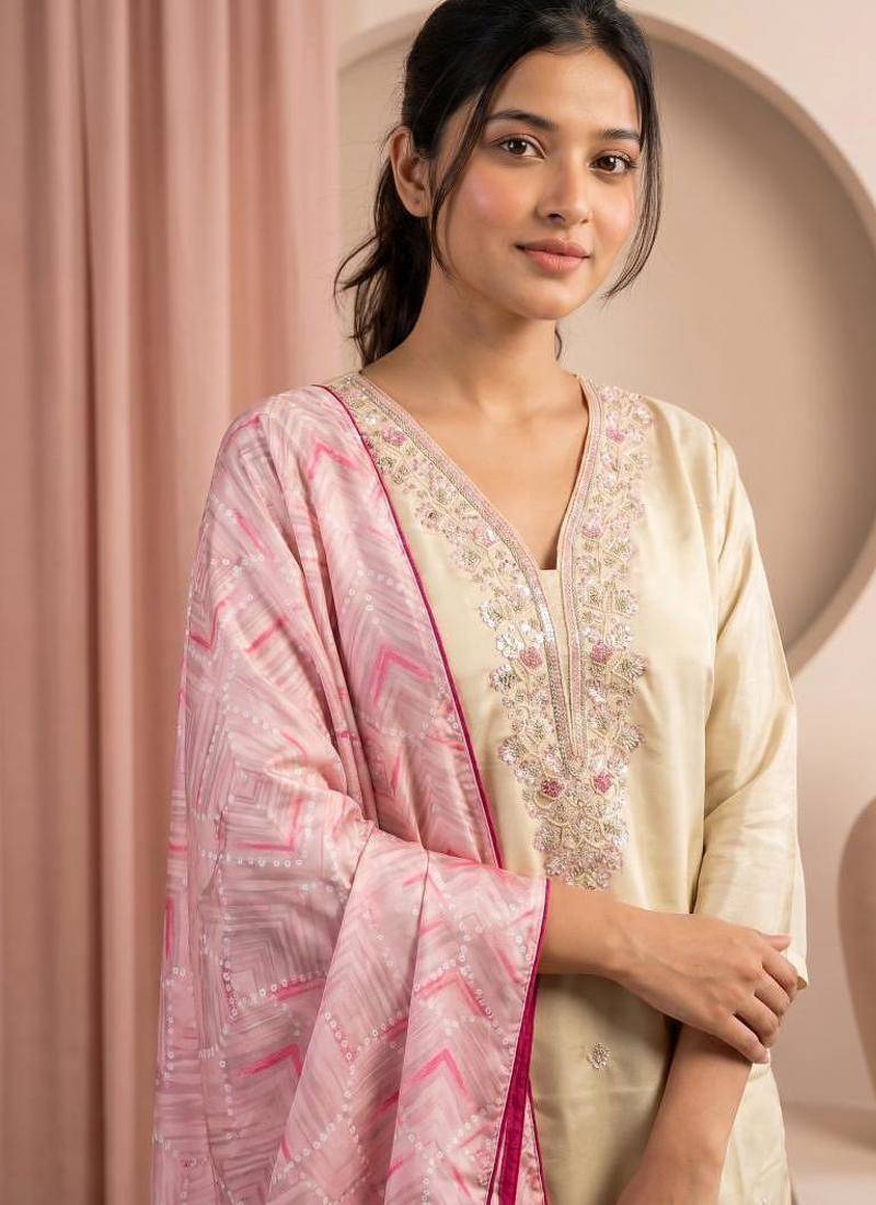 Embroidered Silk Straight Kurta Pant and Dupatta Set