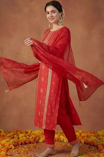 Women Ethnic Motifs Embroidered Regular Sequinned Kurta with Trousers & With Dupatta