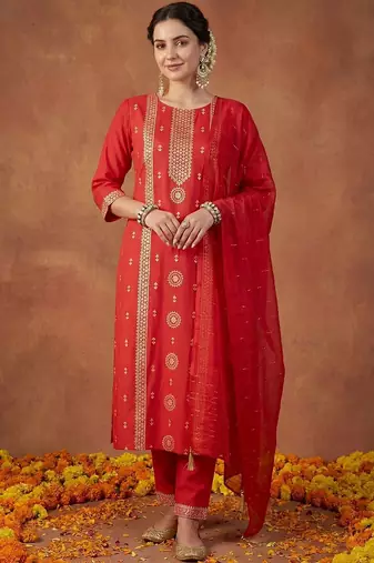 Women Ethnic Motifs Embroidered Regular Sequinned Kurta with Trousers & With Dupatta