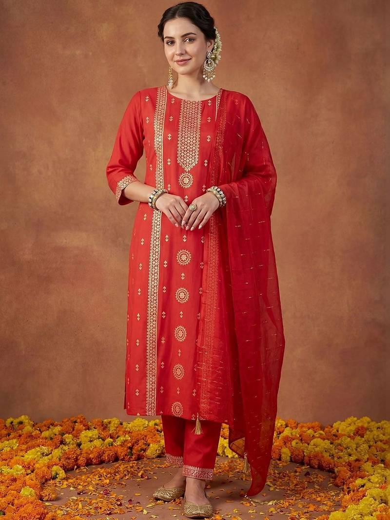 Women Ethnic Motifs Embroidered Regular Sequinned Kurta with Trousers & With Dupatta