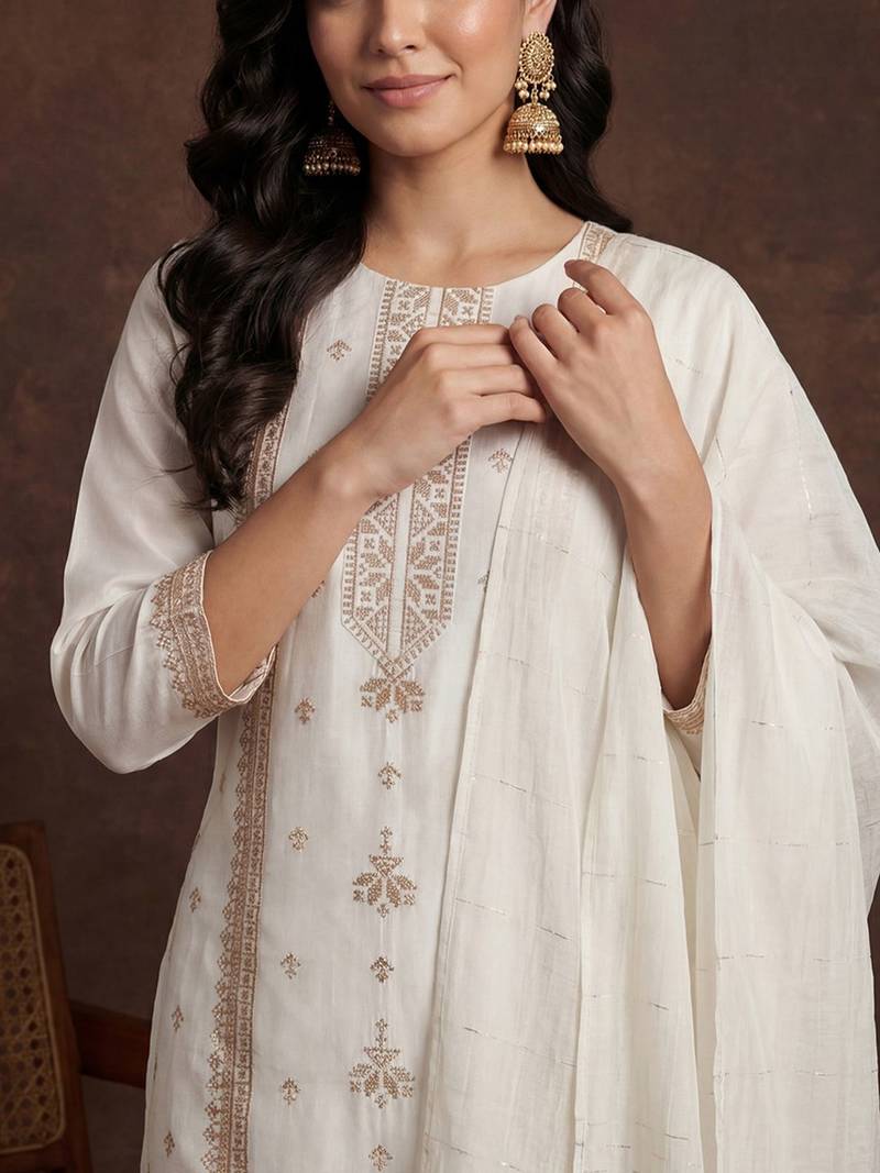 Women Ethnic Motifs Embroidered Regular Sequinned Kurta with Trousers & With Dupatta