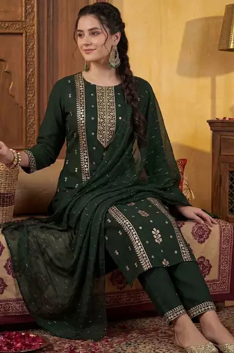 Women Ethnic Motifs Embroidered Regular Sequinned Kurta with Trousers & With Dupatta