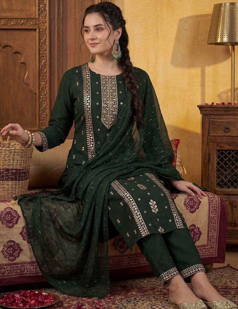 Women Ethnic Motifs Embroidered Regular Sequinned Kurta with Trousers & With Dupatta