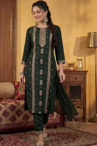 Women Ethnic Motifs Embroidered Regular Sequinned Kurta with Trousers & With Dupatta