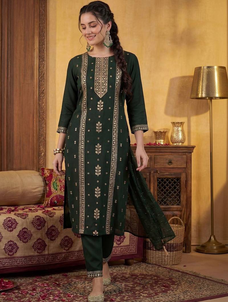 Women Ethnic Motifs Embroidered Regular Sequinned Kurta with Trousers & With Dupatta
