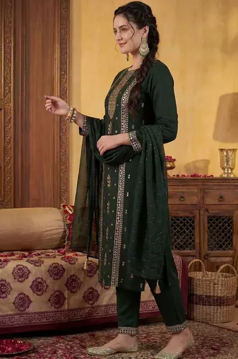 Women Ethnic Motifs Embroidered Regular Sequinned Kurta with Trousers & With Dupatta