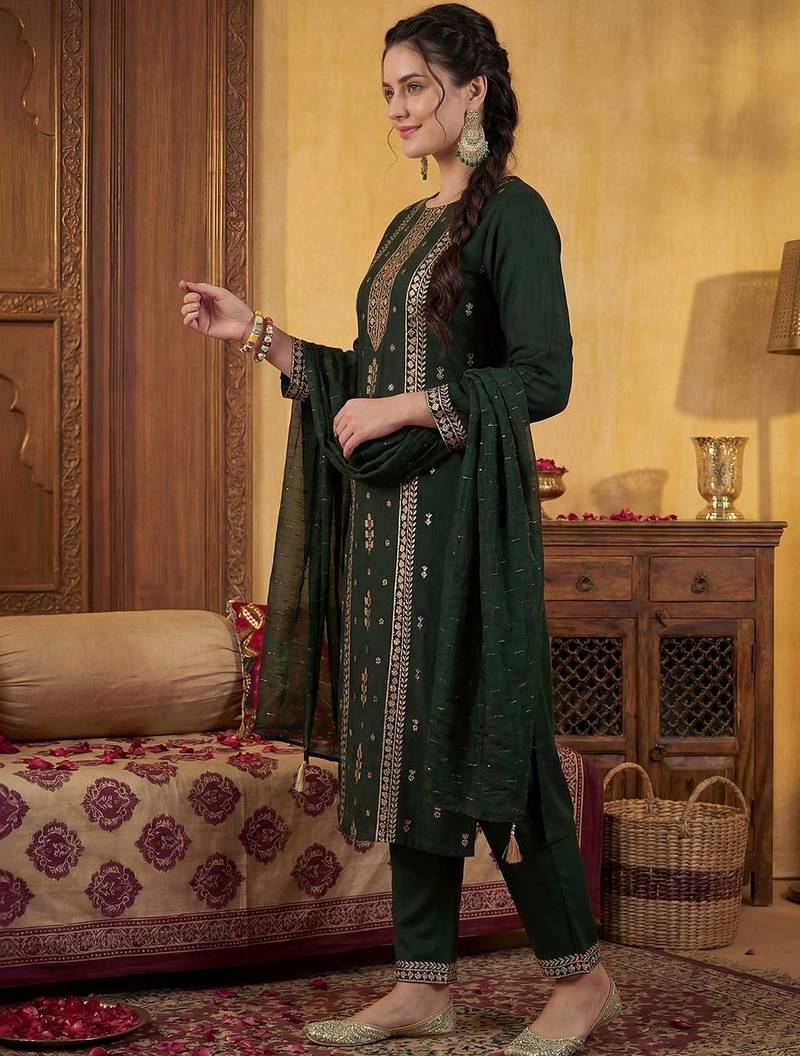 Women Ethnic Motifs Embroidered Regular Sequinned Kurta with Trousers & With Dupatta