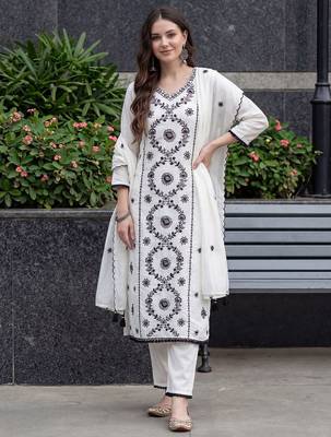 Women Ethnic Motifs Embroidered Regular Thread Work Kurta with Trousers & With Dupatta 1