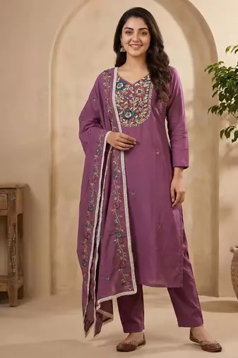 Embroidered Roman Silk Straight Kurta Pant and Dupatta Set