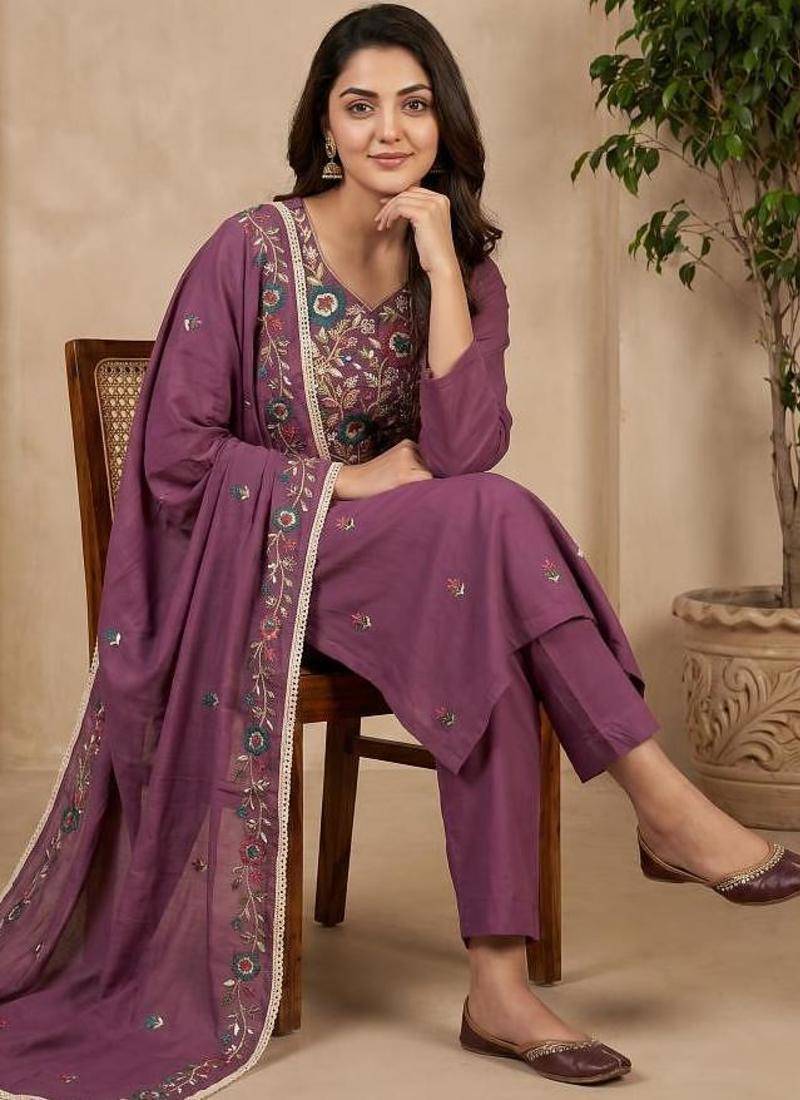 Embroidered Roman Silk Straight Kurta Pant and Dupatta Set