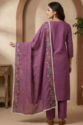Embroidered Roman Silk Straight Kurta Pant and Dupatta Set