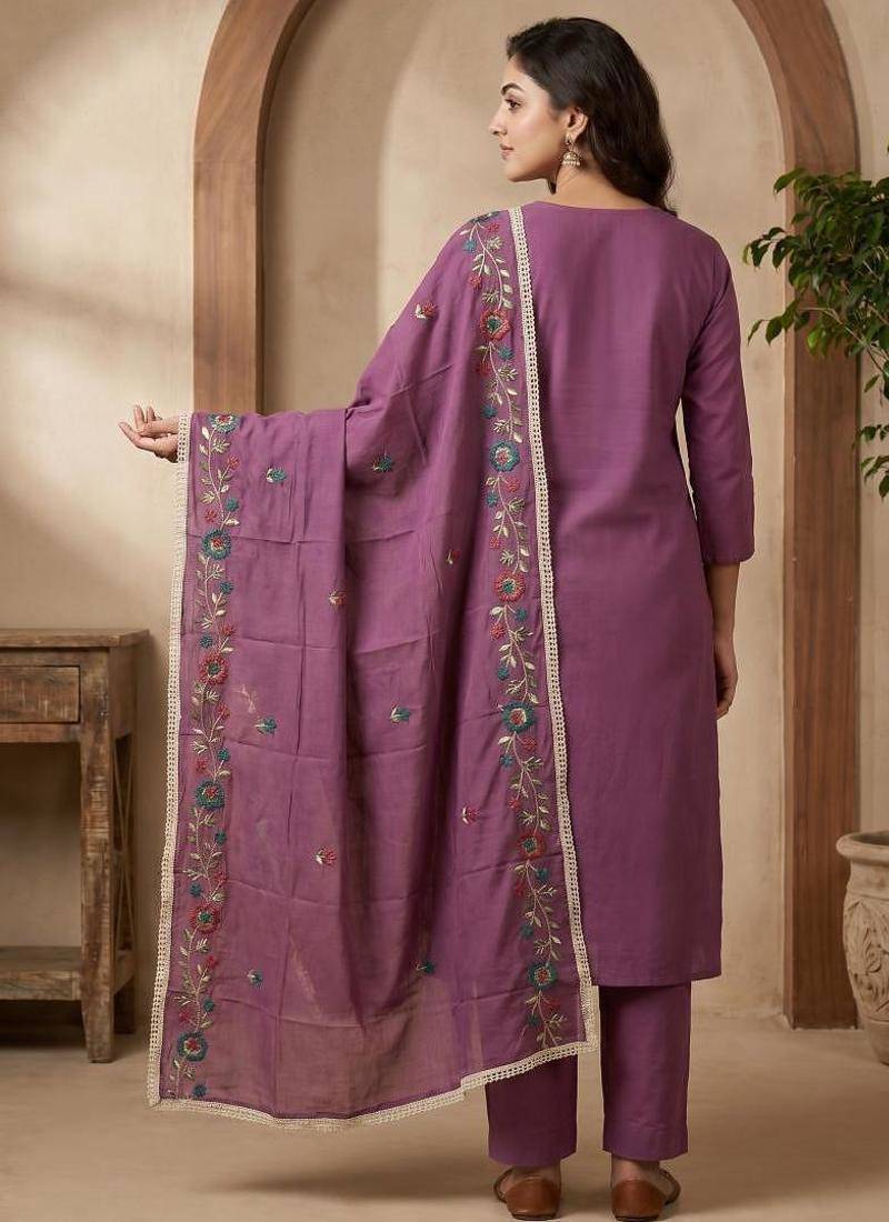 Embroidered Roman Silk Straight Kurta Pant and Dupatta Set