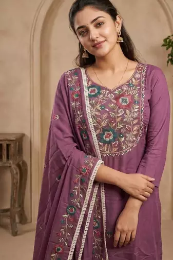 Embroidered Roman Silk Straight Kurta Pant and Dupatta Set