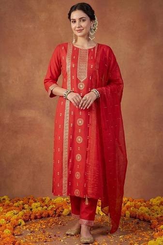 Women Ethnic Motifs Embroidered Regular Sequinned Kurta with Trousers & With Dupatta