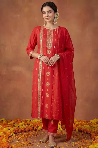 Women Ethnic Motifs Embroidered Regular Sequinned Kurta with Trousers & With Dupatta