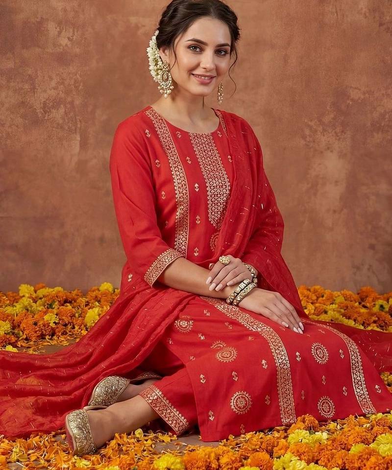 Women Ethnic Motifs Embroidered Regular Sequinned Kurta with Trousers & With Dupatta
