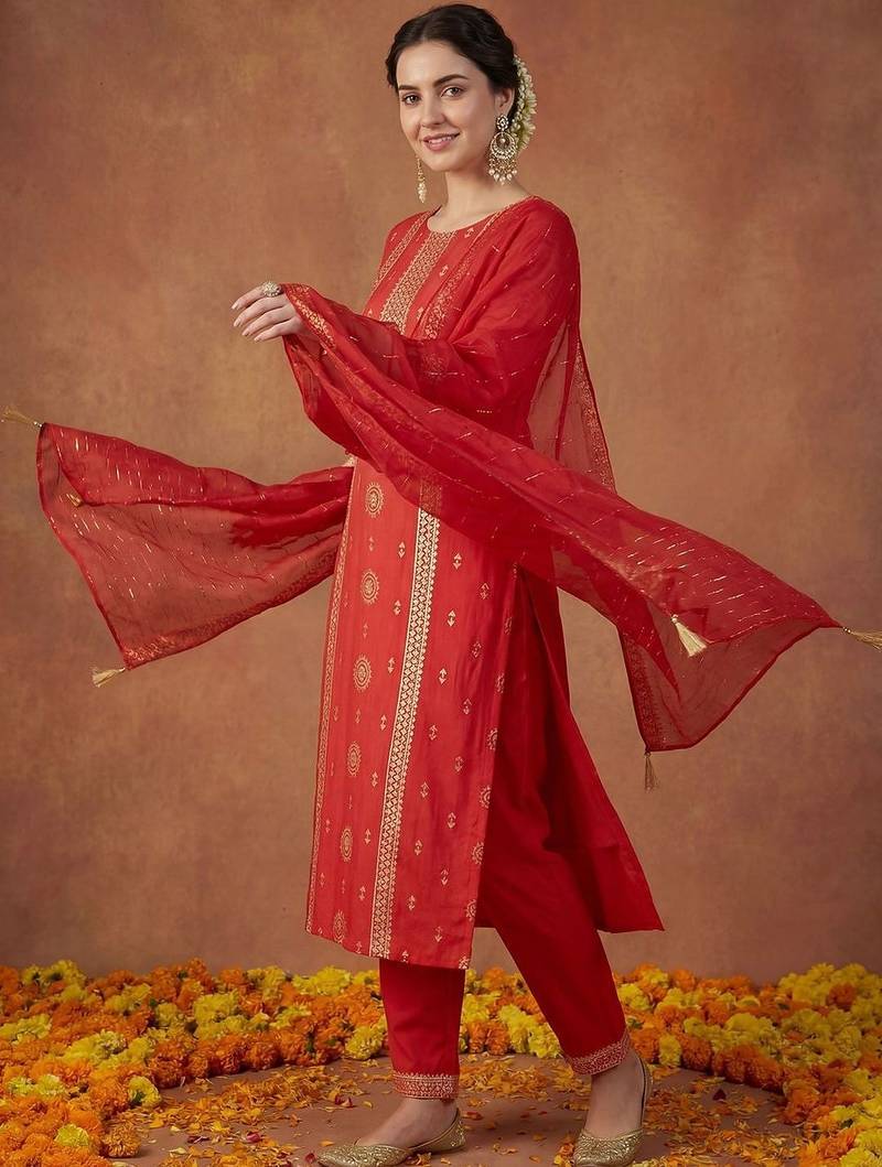 Women Ethnic Motifs Embroidered Regular Sequinned Kurta with Trousers & With Dupatta