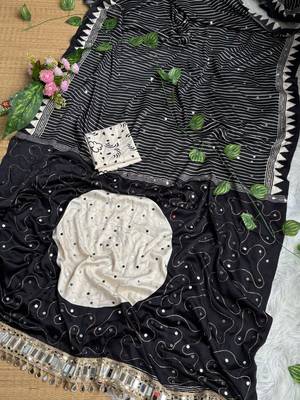 Black Color Printed And  Real Mirror  Work Silk Blend Saree 1