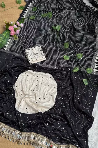 Black Printed And Real Mirror Work Silk Blend Saree