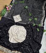 Black Color Printed And  Real Mirror  Work Silk Blend Saree